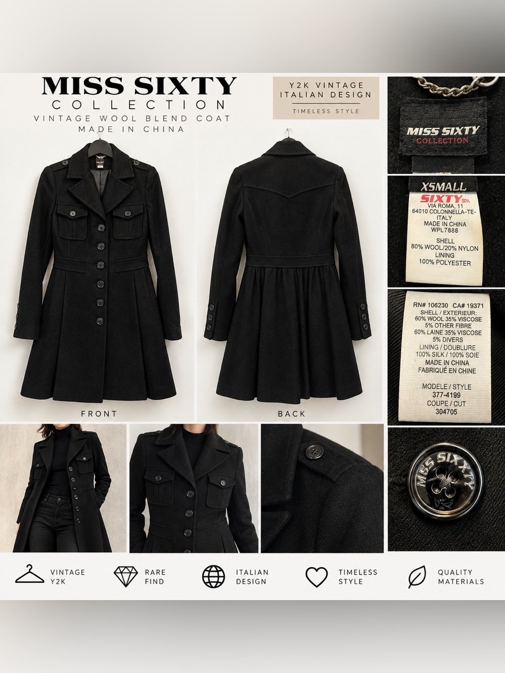 Miss Sixty Black Wool-Blend Long Sleeve Military Fit & Flare Coat